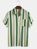 Mens Thin Breathable Cotton Colorful Stripe Holiday Short Sleeve Shirts