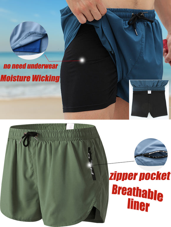 Men Sports Breathable Moisture Drawstring Shorts Mesh Liner Zipper Pocket Mini Shorts Loungewear