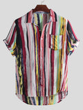 Mens Stripe Printing Graffiti Chest Pocket Short Sleeve Summer Shirts