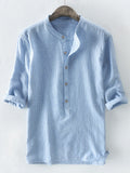 Mens 100% Cotton Button Striped Half Sleeve Breathable Casual Henley Shirts