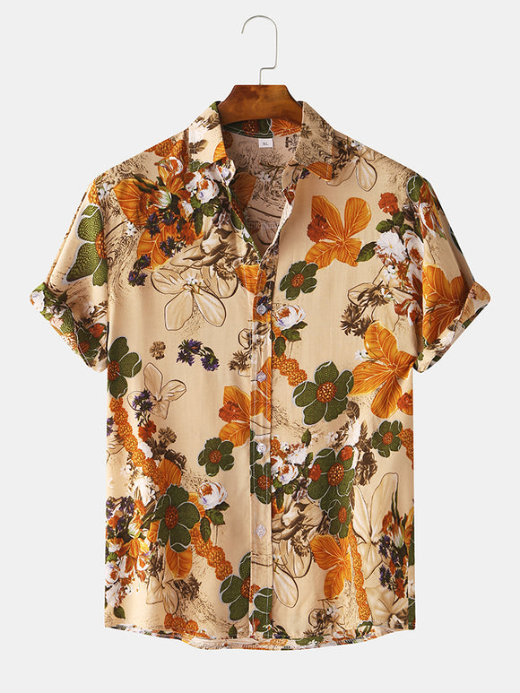 Mens Vintage Floral Oil Printting Turn Down Collar Short Sleeve Shirts