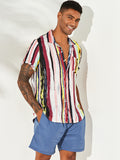 Mens Stripe Printing Graffiti Chest Pocket Short Sleeve Summer Shirts