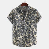 Men Printed Cotton Summer Casual Turn Down Collar Short