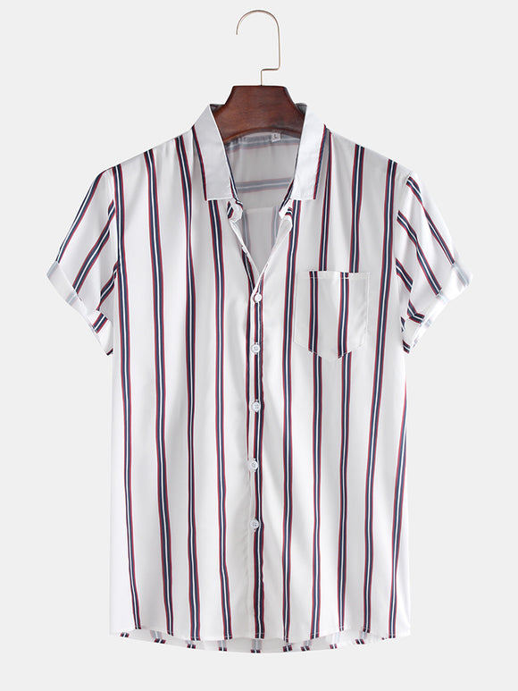 Mens Fashion Breathable Multi Colors Stripe Chest Pocket Short Sleeve Casual Shirts