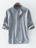 Mens 100% Cotton Button Striped Half Sleeve Breathable Casual Henley Shirts