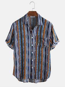 Mens Short Sleeve New Fashion Casual Colorful Striped Shirts