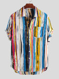 Mens Stripe Printing Graffiti Chest Pocket Short Sleeve Summer Shirts