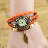 Brown Retro Weave Wrap Lady Bead Leaf Dangle Bracelet Bangle Quartz Wrist Watch FREE SHIPPING