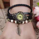 Brown Retro Weave Wrap Lady Bead Leaf Dangle Bracelet Bangle Quartz Wrist Watch FREE SHIPPING