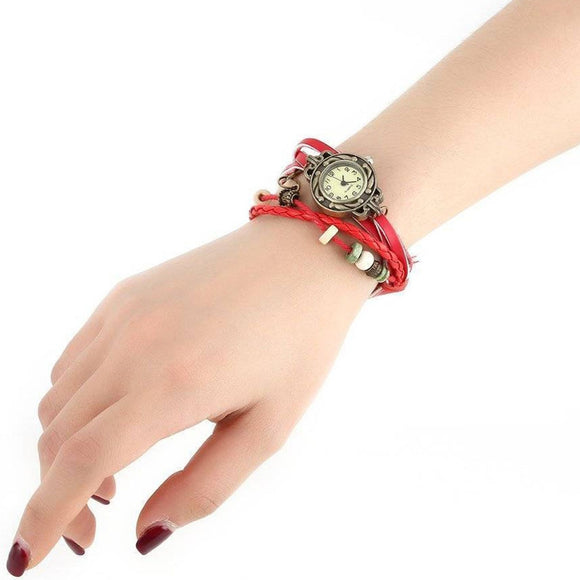 Brown Retro Weave Wrap Lady Bead Leaf Dangle Bracelet Bangle Quartz Wrist Watch FREE SHIPPING