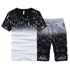 2020 Men T-shirt Casual Suits Summer Fitness Solid Top Tee Shirt+Shorts Set Mens V Collar New 2 Piece Short Tracksuit Breathable