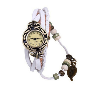 Brown Retro Weave Wrap Lady Bead Leaf Dangle Bracelet Bangle Quartz Wrist Watch FREE SHIPPING