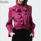 Women Casual Ruffles Blouse ZANZEA Spring Elegant Long Sleeve Office Shirt Buttons Flounce Blusa Tunic Tops Robe Shirt Chemise