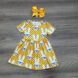 sring/summer Easter baby girls children clothes boutique milk silk dress bunny sunglass short sleeve knee length match bow