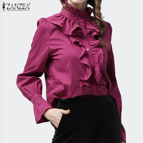 Women Casual Ruffles Blouse ZANZEA Spring Elegant Long Sleeve Office Shirt Buttons Flounce Blusa Tunic Tops Robe Shirt Chemise