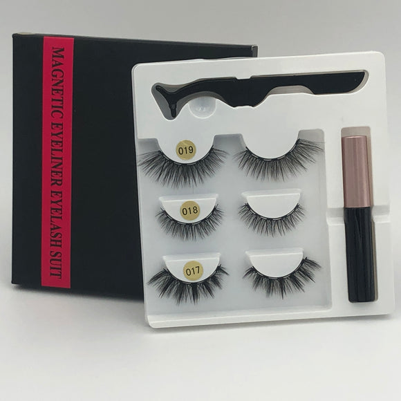 Makeup 3 pairs of magnetic eyelashes + liquid eyeliner + tweezers, waterproof long lasting eyelash extension eyelash set