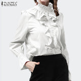 Women Casual Ruffles Blouse ZANZEA Spring Elegant Long Sleeve Office Shirt Buttons Flounce Blusa Tunic Tops Robe Shirt Chemise