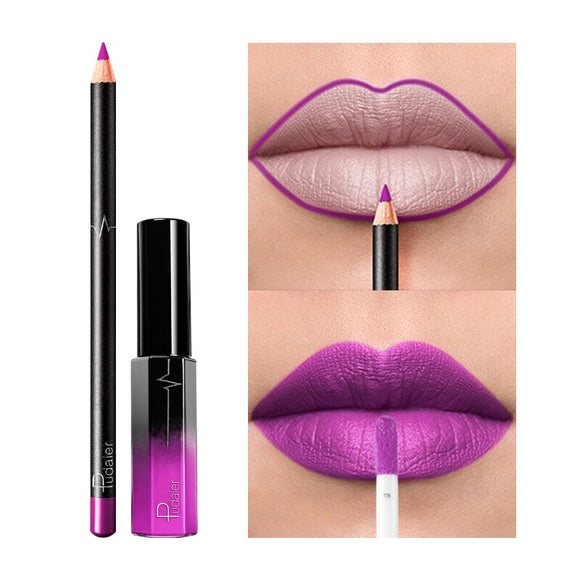 Pudaier 29 Color Matte Velvet Lip Gloss Lip Liner Suit Half Dumb Light Moisturizing Lip Glaze + Lip Line Pen 2PCS/SET Lipstick