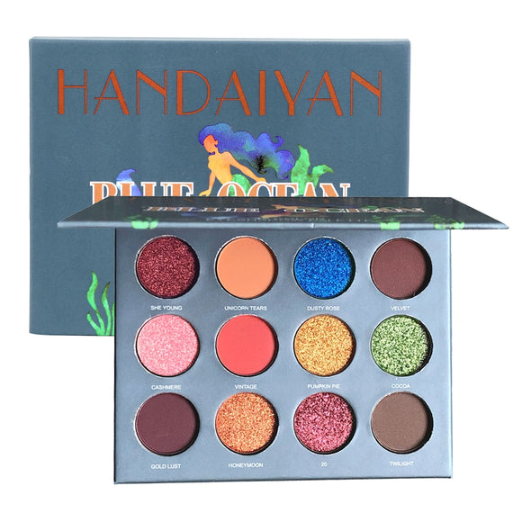 HANDAIYAN Female 12 Color Waterproof Glitter Eyeshadow Palette Matte Shimmer Glitter Pink Blue Pigment Eye Shadow Makeup Pallete