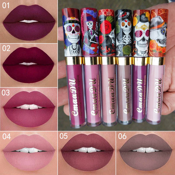 CmaaDu Lip Makeup 6 Color Matte Liquid Lipstick Skull Style Waterproof Long Lasting Sexy Glitter Lip Gloss Beauty Red Lip Tint