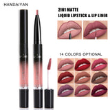 HANDAIYAN 2 IN 1 Double-end Lip Gloss 14 Color Matte Liquid Lipstick Lipliner Lip Makeup Cosmetics Waterproof Lip Tint Lip Tatoo