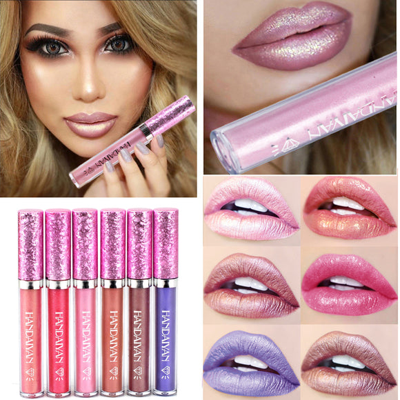 HANDAIYAN 6 Color Diamond Lip Gloss Metal Liquid Lipstick Waterproof Metallic Lip Gloss Long-lasting Shimmer Glitter Lipgloss