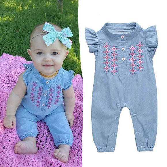 Cute baby girls denim romper Infant Newborn Baby Girl embroidery Playsuit Jumpsuit Body suit summer baby girl Clothing