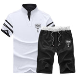 2020 Men T-shirt Casual Suits Summer Fitness Solid Top Tee Shirt+Shorts Set Mens V Collar New 2 Piece Short Tracksuit Breathable