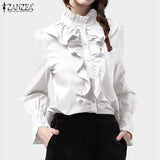 Women Casual Ruffles Blouse ZANZEA Spring Elegant Long Sleeve Office Shirt Buttons Flounce Blusa Tunic Tops Robe Shirt Chemise