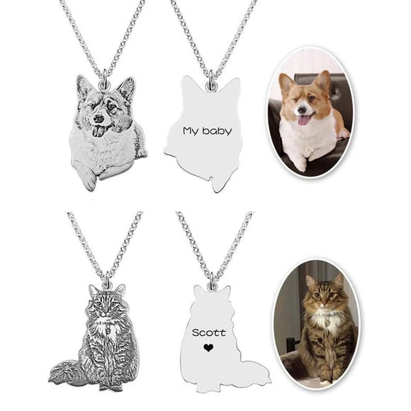 Custom Pet Cat Photo Silver Necklace Pendant Engraved Words 925 Sterling Silver Dog Photo Necklace Women Men Memorial Best Gift