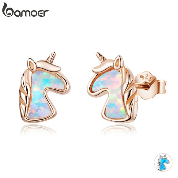 bamoer 2 Color Opal Licorne Stud Earrings for Women 925 Sterling Silver Fashion Jewelry Brincos Dropshipping SCE815