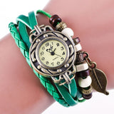 Brown Retro Weave Wrap Lady Bead Leaf Dangle Bracelet Bangle Quartz Wrist Watch FREE SHIPPING