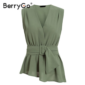 BerryGo Elegant sleeveless women tops shirt Feminina sexy office ladies tank top green Casual female work wear summer tops camis