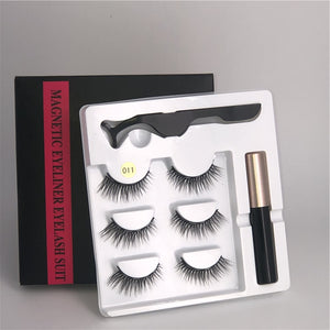 Makeup 3 pairs of magnetic eyelashes + liquid eyeliner + tweezers, waterproof long lasting eyelash extension eyelash set