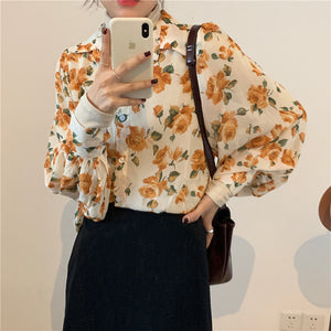 Spring New Women Chiffon print Blouse Shirt Puff Sleeve Female office Shirts Lady Blousa Outfits