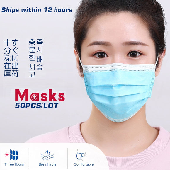 50-100 pcs Face Disposable Masks 3 Layers Dustproof Mask Facial Protective Cover Masks Anti-Dust Bacteria Proof Flu Face Mask