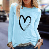 Tshirt Womens Heart Print Printed T-Shirt Summer Long Sleeve Round Neck Top Casual Basic T Shirt Harajuku Camisas De Moda Mujer