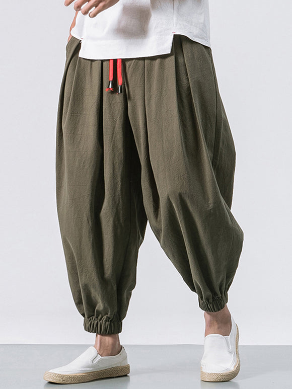 Men Cotton Loose Comfy Baggy Vintage Drawstring Jogger Casual Harem Pants