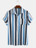 Mens Thin Breathable Cotton Colorful Stripe Holiday Short Sleeve Shirts