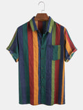 Mens Thin Breathable Cotton Colorful Stripe Holiday Short Sleeve Shirts