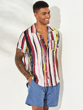 Mens Stripe Printing Graffiti Chest Pocket Short Sleeve Summer Shirts