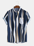 Mens Fashion Plain Color Striola Chest Pocket Short Sleeve Casual Shirts