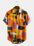 Mens Color Block Cotton Practical Pocket Short Sleeve Casual Shirts