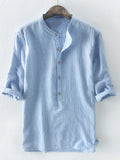 Mens 100% Cotton Button Striped Half Sleeve Breathable Casual Henley Shirts