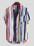 Mens Stripe Printing Graffiti Chest Pocket Short Sleeve Summer Shirts